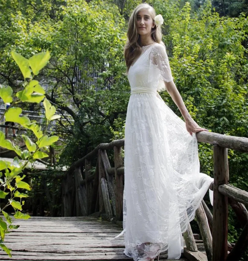 Della boemia Romantico Stile di Una Linea di Abiti Da Sposa 2019 Mezze Maniche Sheer Torna con il Telaio Boho Chic Abiti Da Sposa vestido de noiva