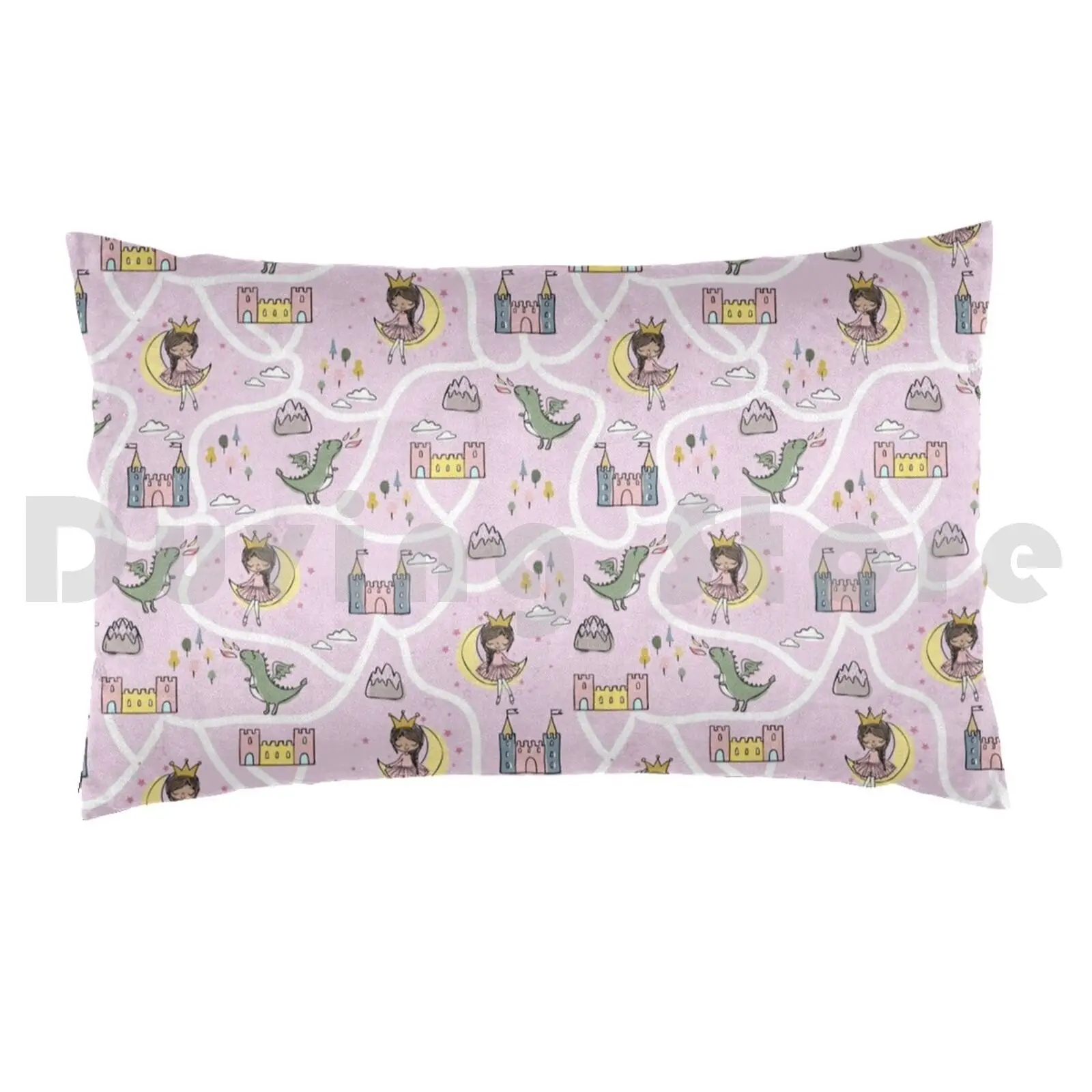 Childish Seamless Pattern With Princess And Dragon Pillow Case Printed 35x50 Dragon Princess Help Rescue Girls