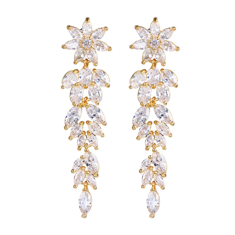 Ekopdee Luxury Flower Long Tassel Earrings Women Vintage Bling Cubic Zirconia Bridal Earrings Female Bridal Wedding Jewelry New