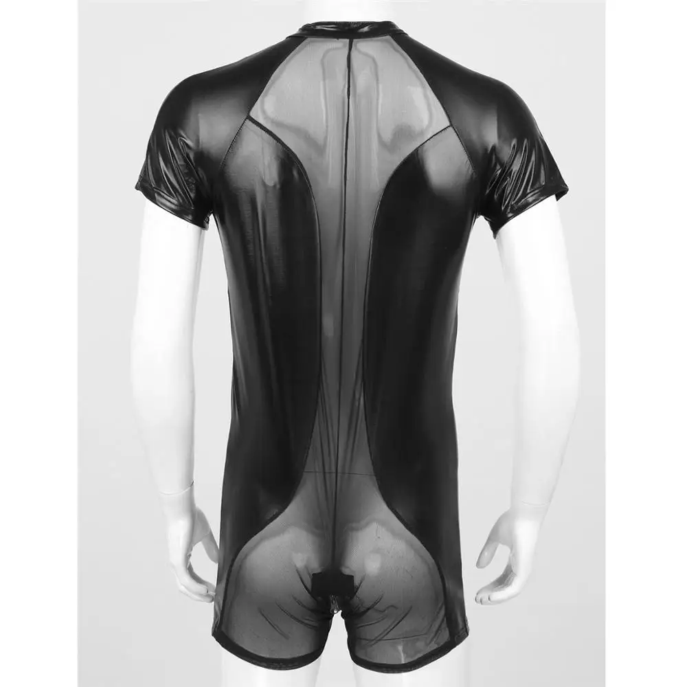 Mens One-piece Shiny Metallic Crew Neck Short Sleeves Mesh Patchwork Skin-Tight Leotard Short Bodysuit Male Jumpsuit Clubwear