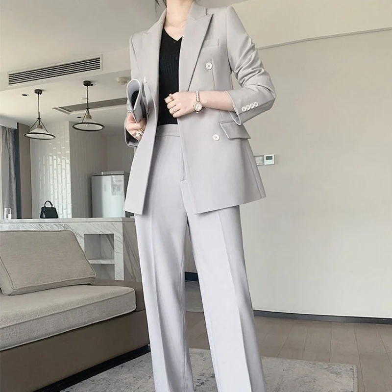 Quality High Office Ladies Double Breasted Blazer Suit Sets Grey Long Pants Thick Business Women Work Formal Suits Elegant Set