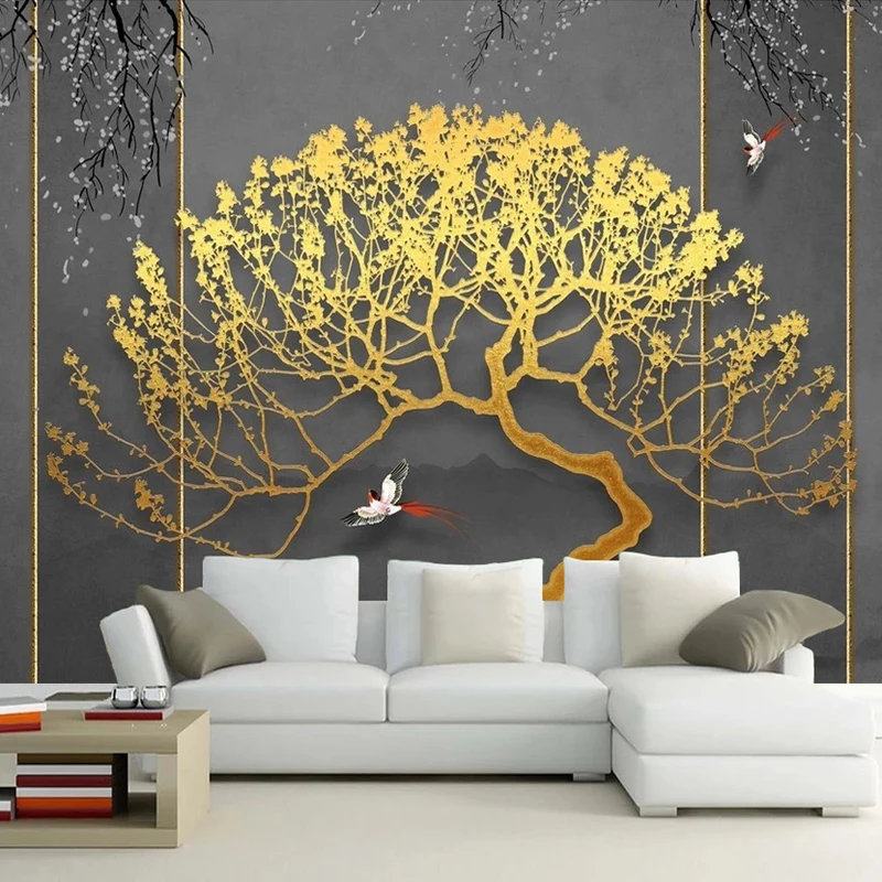 Papel pintado con foto 3D personalizado, Mural de árbol abstracto dorado de estilo chino, papel tapiz para sala de estar, dormitorio, TV, fondo, decoración del hogar