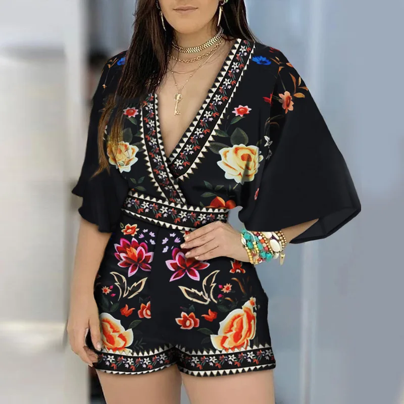 Sexy Women's Overalls 2024 Printed Deep V Jumpsuit Bating Sleeve Short Jumpsuits Summer Straight Mid Waist Embroidery Playsuits