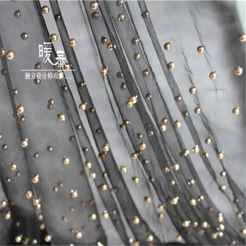 Black Beaded Lace Tulle Fabric Gold White Handwork Pearl DIY Curtain Decor Clothes Skirts Wedding Dress Designer Fabric