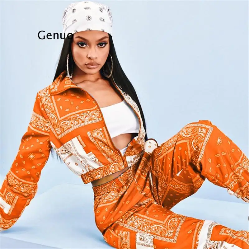 Bandanna Print Two Piece Set Women Crop Jacket Baggy High Waist Pants Tracksuit Women Fashion Birthday Outfits