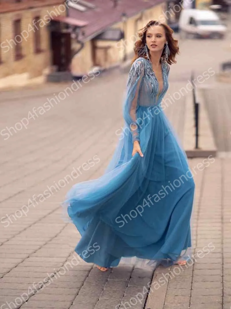 Charming Blue Tulle A-line Evening Dresses Sexy Deep V Neck Appliques Formal Party Dress Demure Long Evening Gowns Vestidos