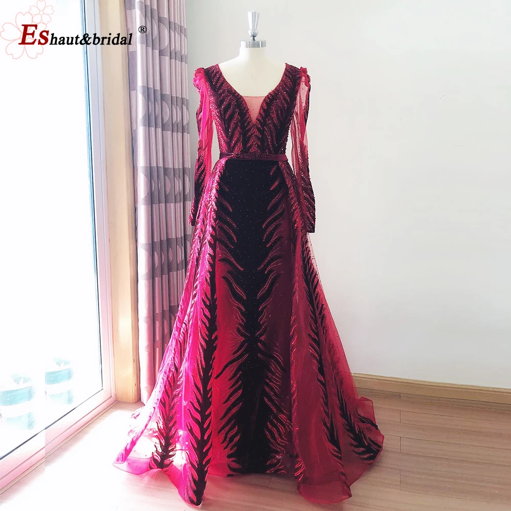 Elegant Mermaid Evening Dresses for Women 2024 V-Neck Long Sleeves Velvet Crystal Formal Wedding Prom Party Gowns Customized