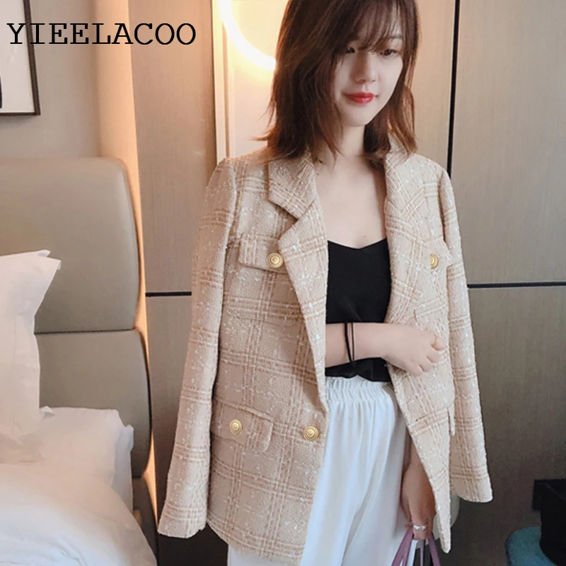 Tweed Jacket Apricot Plaid Autumn/Winter Women's Jacket Long Sleeve Business Ladies One Piece Jacket Coat