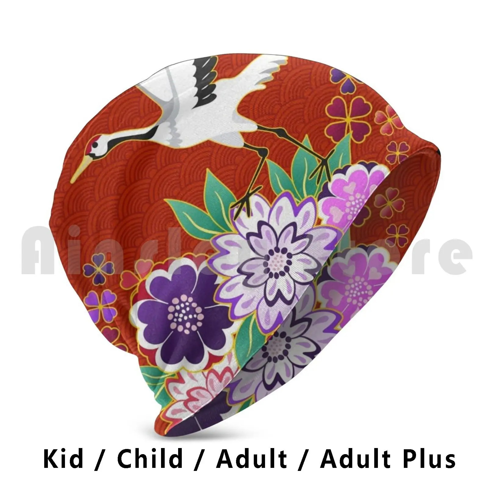 

Traditional Kimono Style Pattern Crane On Red Beanies Pullover Cap Comfortable Japan Japanese Floral Flowers