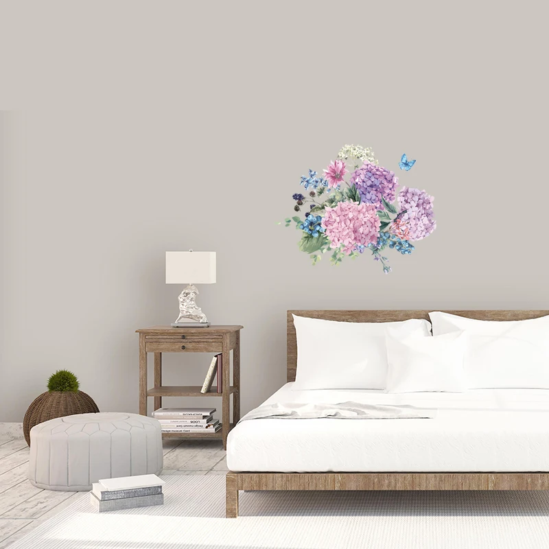 Three Ratels QCF6 Elegant Hydrangea Flower Sticker Vinyl PVC Decal For House Bedroom Wall Window Door Refrigerator Kitchen