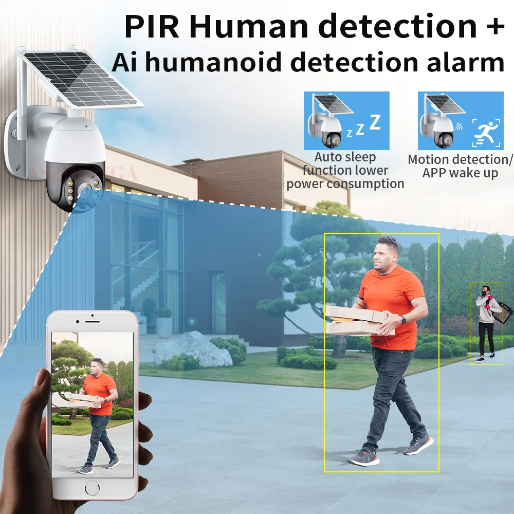 4G SIM Card Solar Panel Security IP Camera PTZ Dome Battery Surveillance Cam PIR AI Human Detection Color Night Vision CamHipro