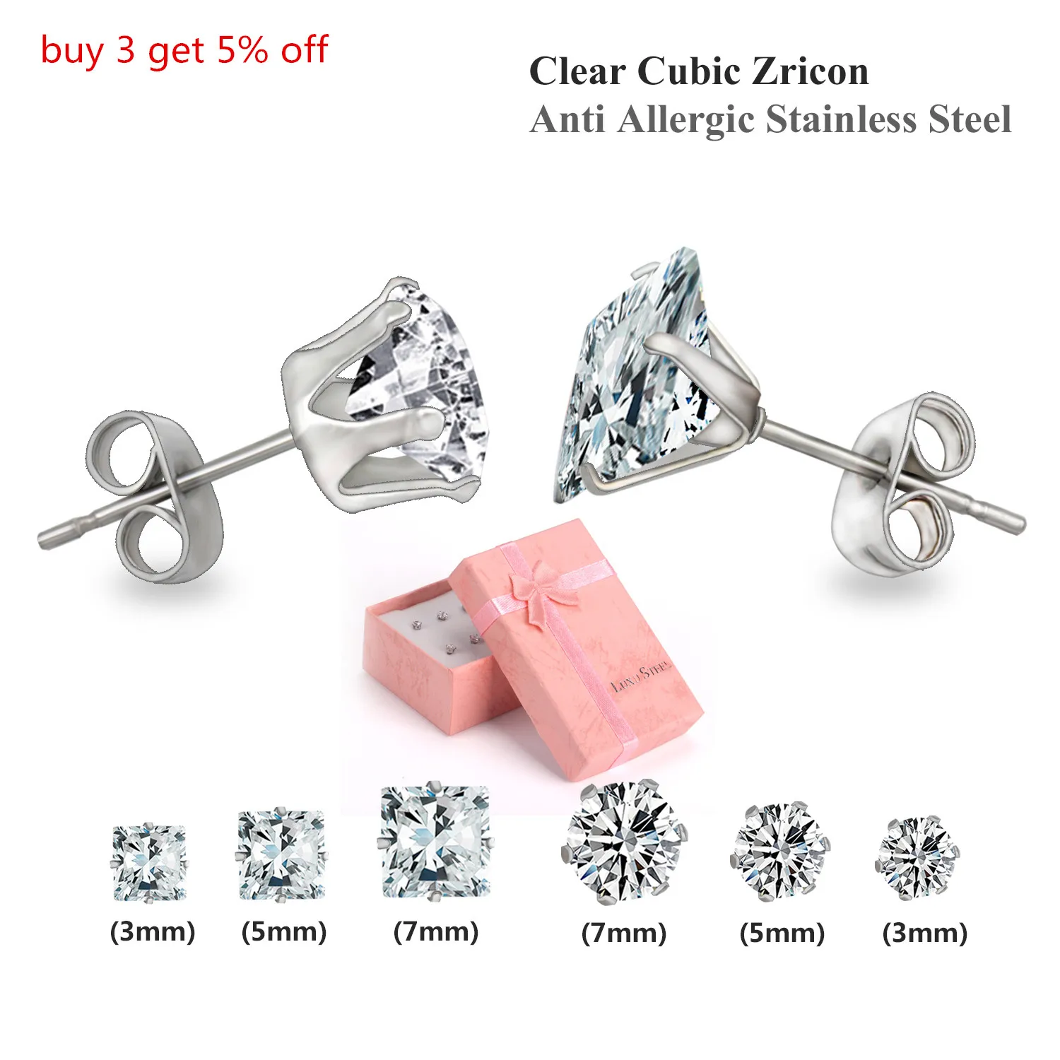 LUXUKISSKIDS 6Pairs/Box Shiny Zircon Stainless Steel Stud Earrings Set Korean AAA Crystal Jewelry Golden Piercing For Women Gift