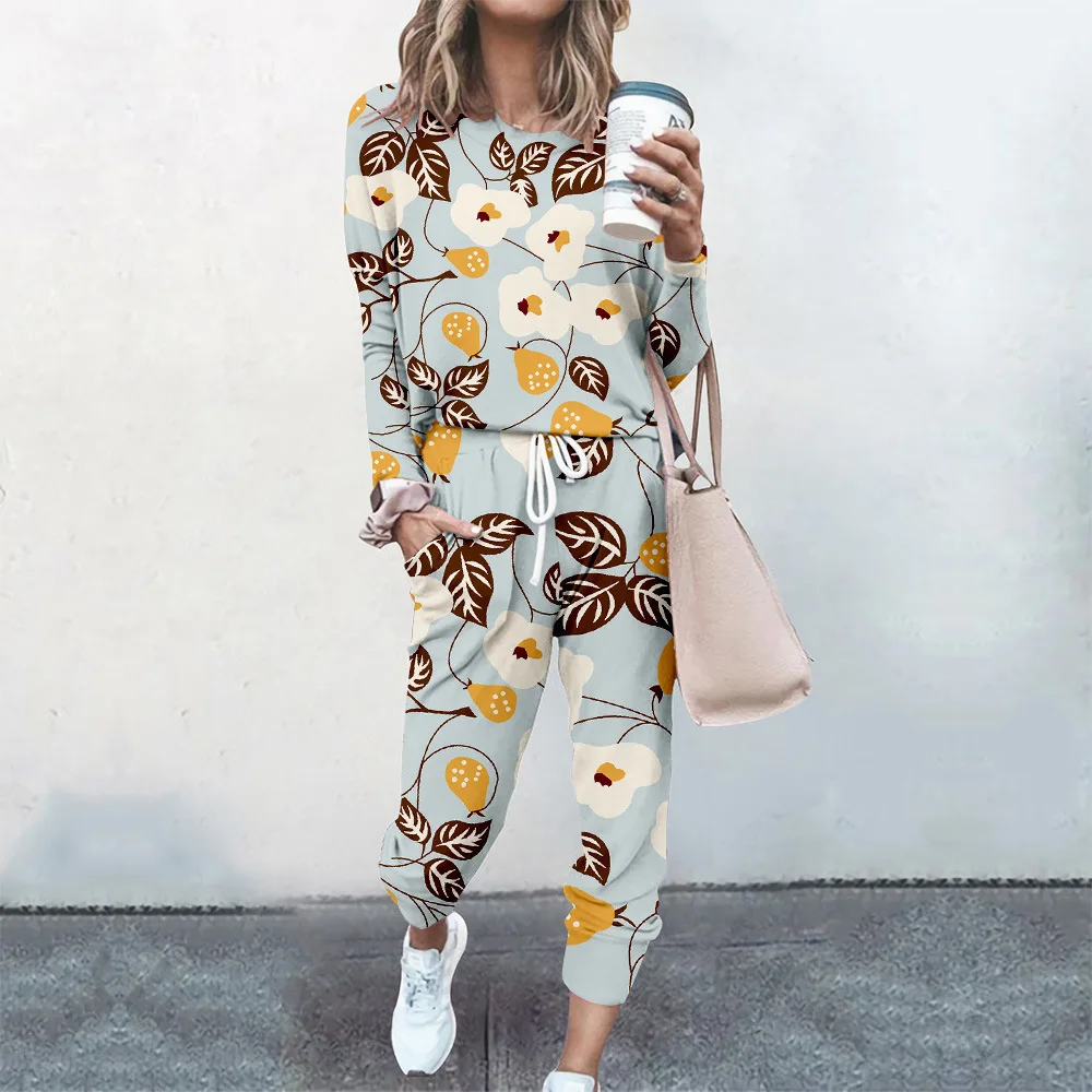 Autumn Women 2 Piece Set Pullover Cloting Long Sleeve Floral Print Female Top And Elastic Waist Pant Casual Streetwear Tracksuit