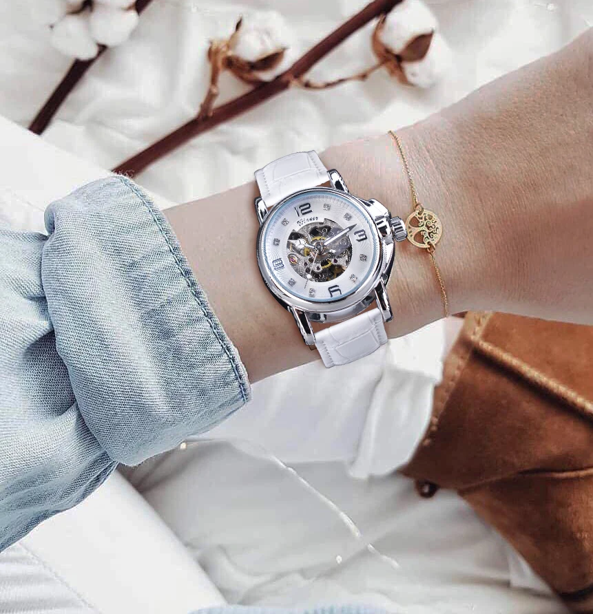 Winner 2017 Ladies Diamond Display Women Top Brand Luxury White Simple Skeleton Transparent Case Automatic Mechanical Watches