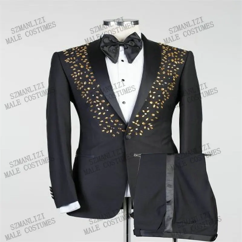 Luxury 2-Piece Men Suits Crystal Bead Wedding Tuxedos Party Slim Fit Formal Business For Best Man Suits Shawl Lapel Blazer Suit