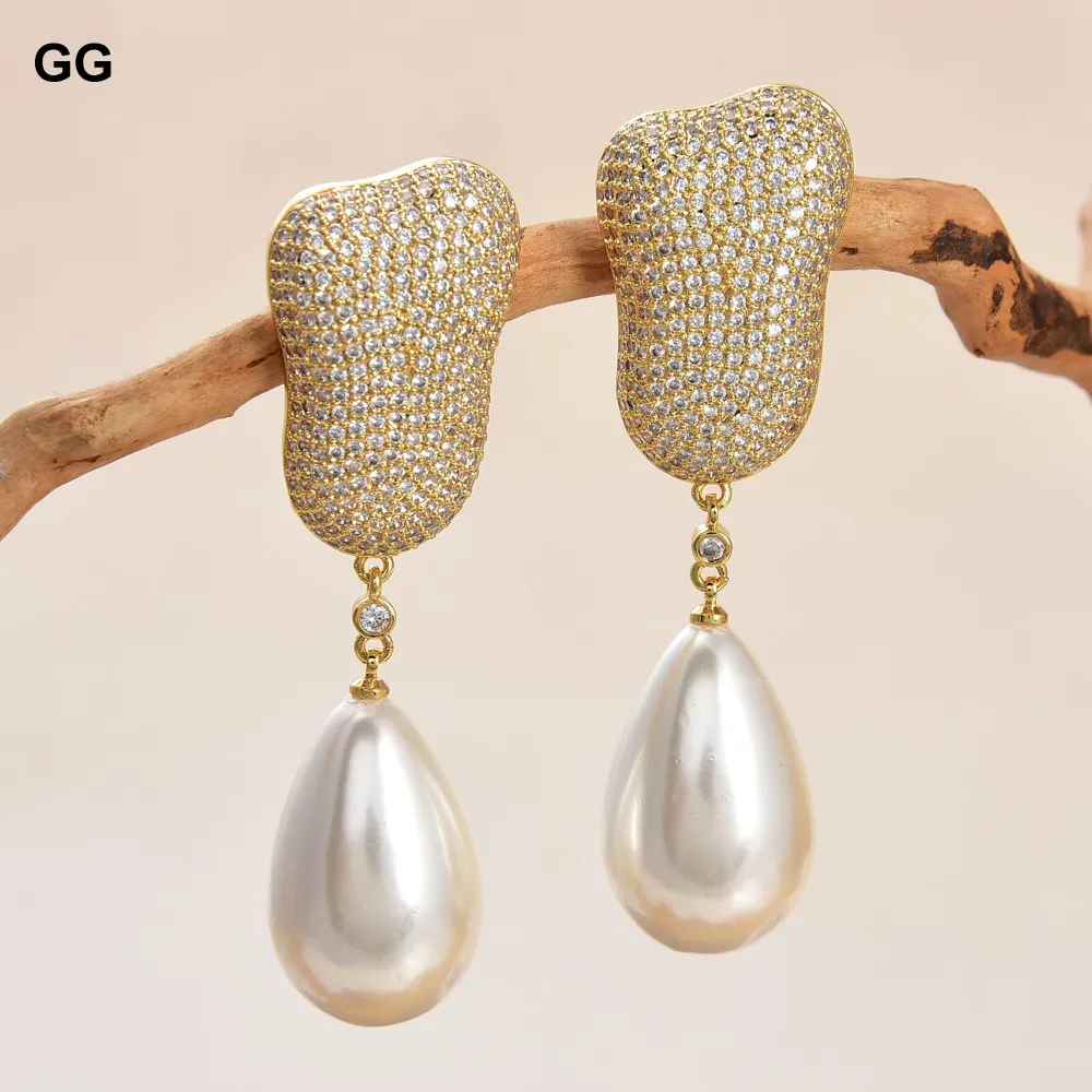 GuaiGuai Jewelry Natural White Teardrop Shell Pearl Yellow Gold Color Plated Cz Micro Pave Drop Earrings For Women
