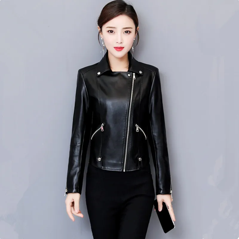 UHYTGF Genuine sheepskin leather autumn leather jacket women zipper V-neck slim Female short coat 4XL Big size biker jacket 823