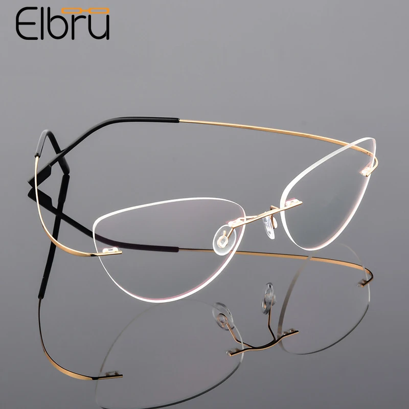 Elbru Fashion Rimless Cat Eye Glasses Frame Metal Titanium Alloy Ultralight Elastic Spectacle Frame Myopia Glasses Frame Unisex