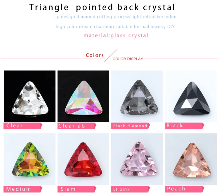 24-colors 8-23MM Crystal Glass triangle Fancy Stones fashion point back crystal  rhinestones for Jewelry Garment Accessories