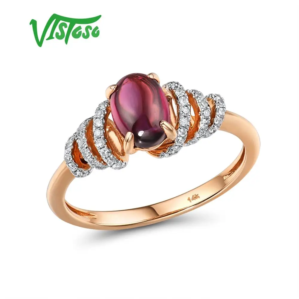 VISTOSO Pure 14K 585 Rose Gold Ring For Women Shining Diamond Rhodolite Garnet Luxury Wedding Engagement Elegant Fine Jewelry