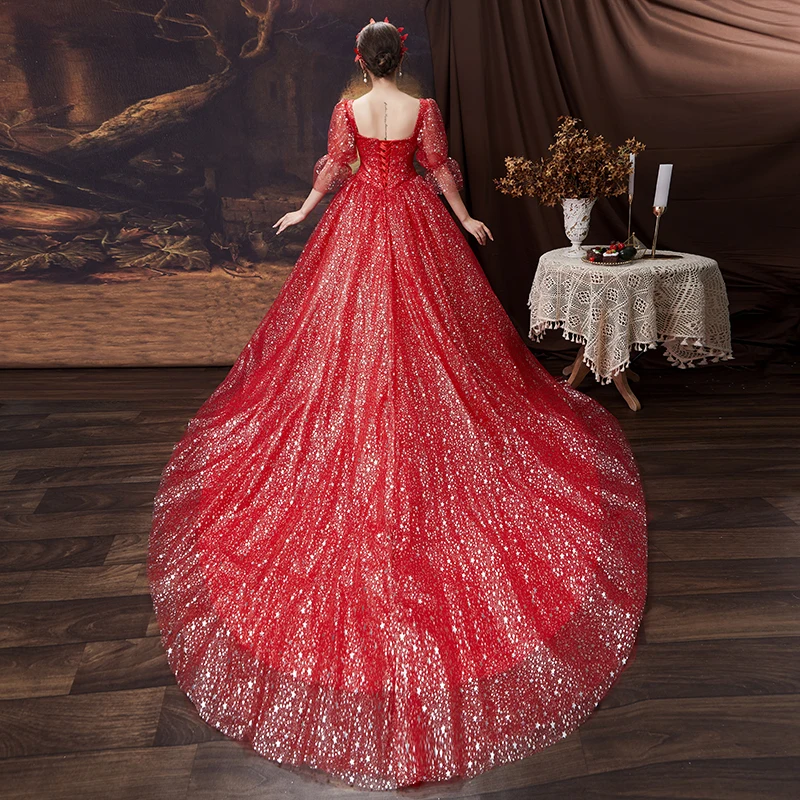 AnXin SH princess sparkly red lace vintage sweetheart silvery star flare half sleeve white bride customized wedding dress