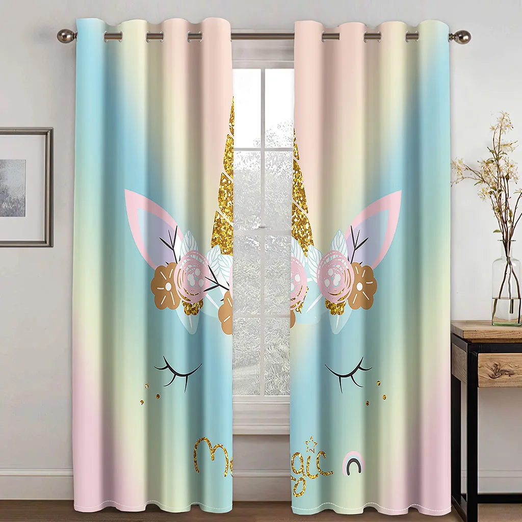 Rainbow Unicorn Blackout Curtains for Girls Bedroom 2 Panel Set Window Curtains for Living Room カーテン Cortinas Para La Sala