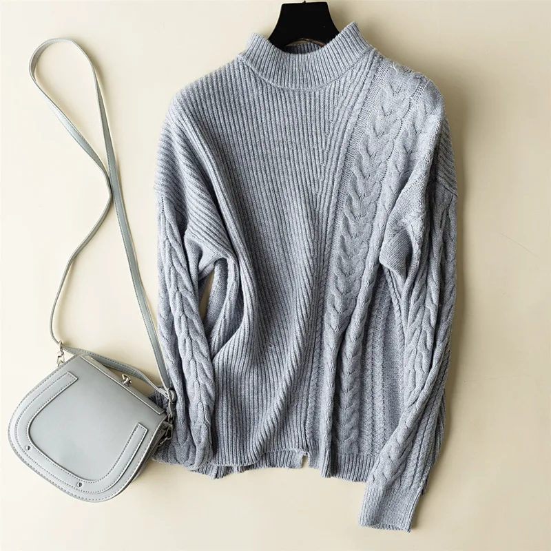 2020 Autumn winter women's new half-high collar cashmere sweater loose asymmetric twist short sweater female pullover