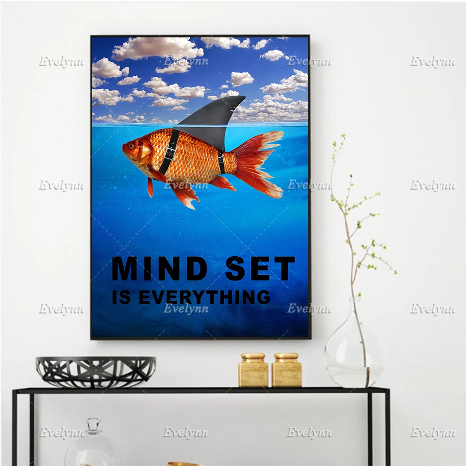 Wall Art Goldfish Canvas Poster Mind Set Is Everything - Inspirational Art,Printable Modular Pictures Living Room Floating Frame