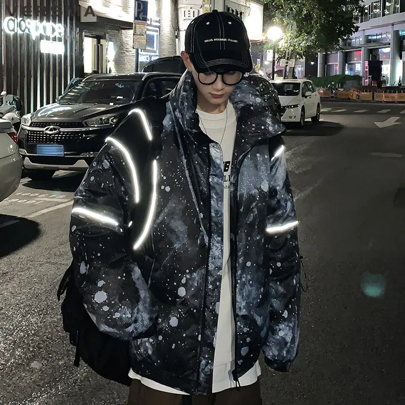 VERSMA Korean Kpop Tie Dye Starry Sky Print Reflective Men Parkas Jacket Coat Winter Thick Hip Hop Oversized Vintage Parka Male