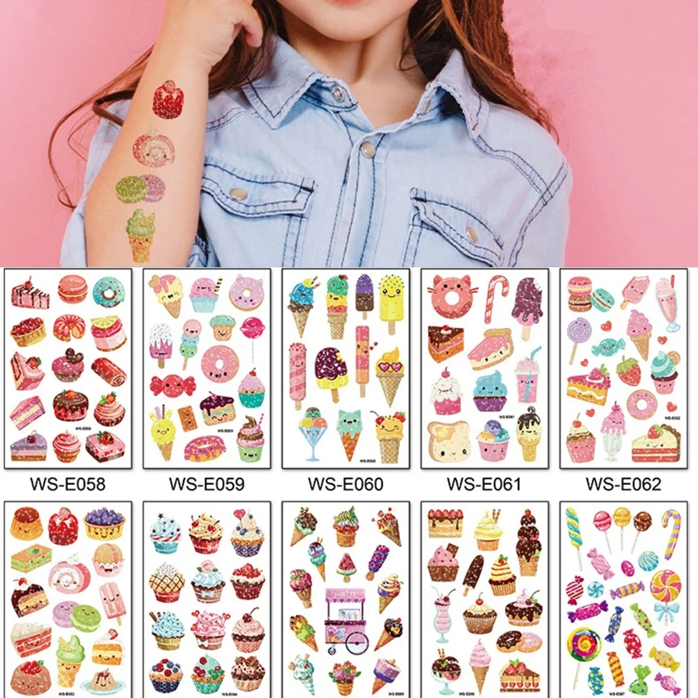 10 Kinds Glitter Powder Temporary Tattoos Cartoon Ice Cream Candy Cakes Kids Fake Tattoo Sticker Cute Party Makeup Tools