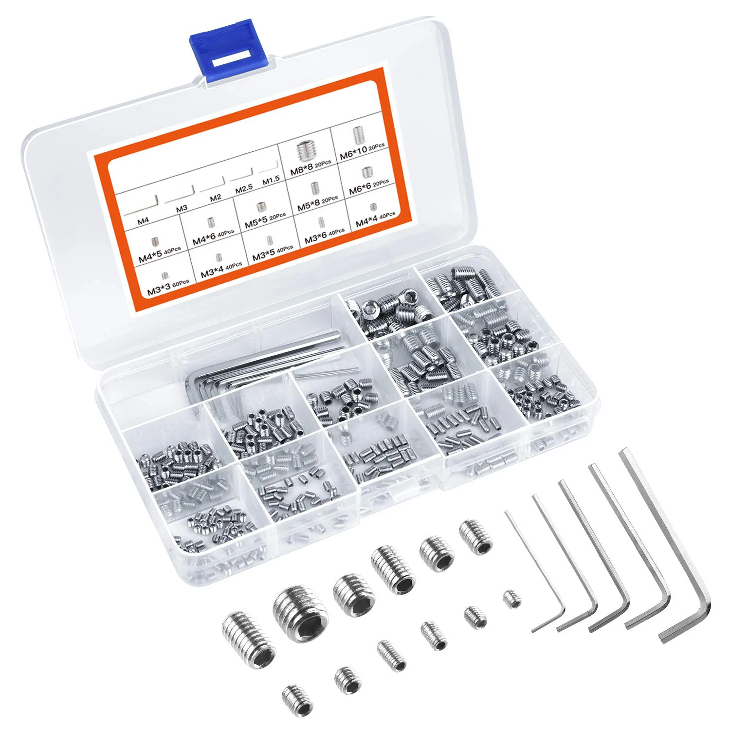 

400pcs Hex Socket Screws M3 M4 M5 M6 M8 Stainless Steel Hardware Screws Cone Point Set Screw With Key Wrench in Box Tornillos