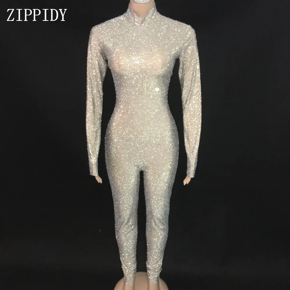

Full AB Rhinestones Spandex Nude Jumpsuit Flashing Stones Birthday Dance Leggings Female Singer Prom Show Bodysuits