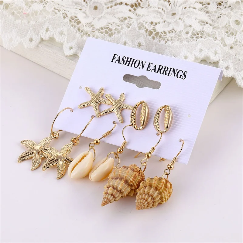 Bohemian Sea Shell Earrings Set For Women Gold Color Geometric Drop Earring Brincos Boho Summer Beach Earrings Fashion Jewelry