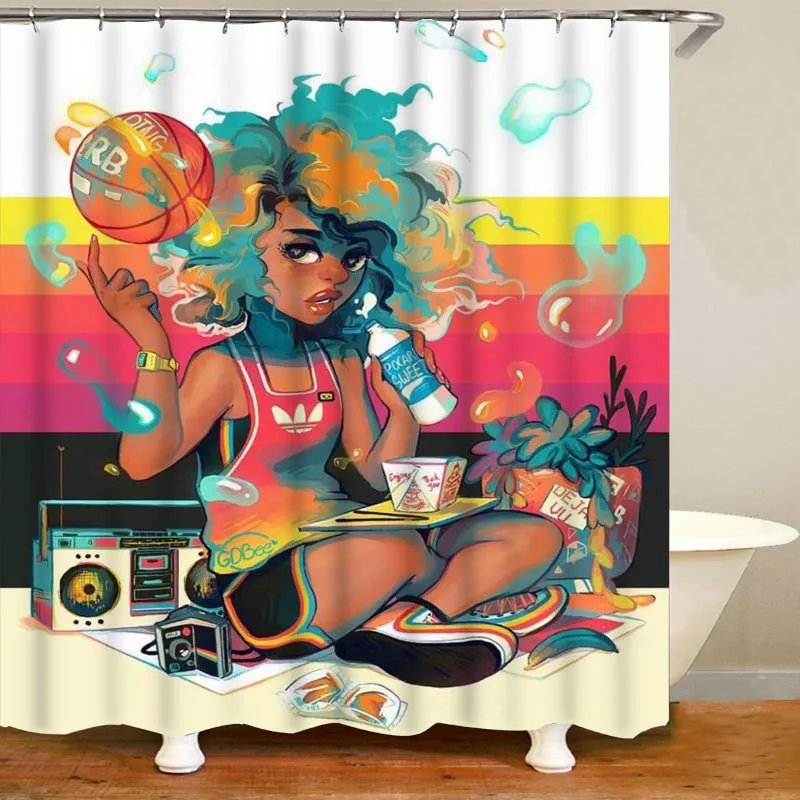 Colorful Black Basketball Girl Shower Curtain Set Sport Music Headset African American Afro Art Bathroom Curtain Bath Rugs Decor