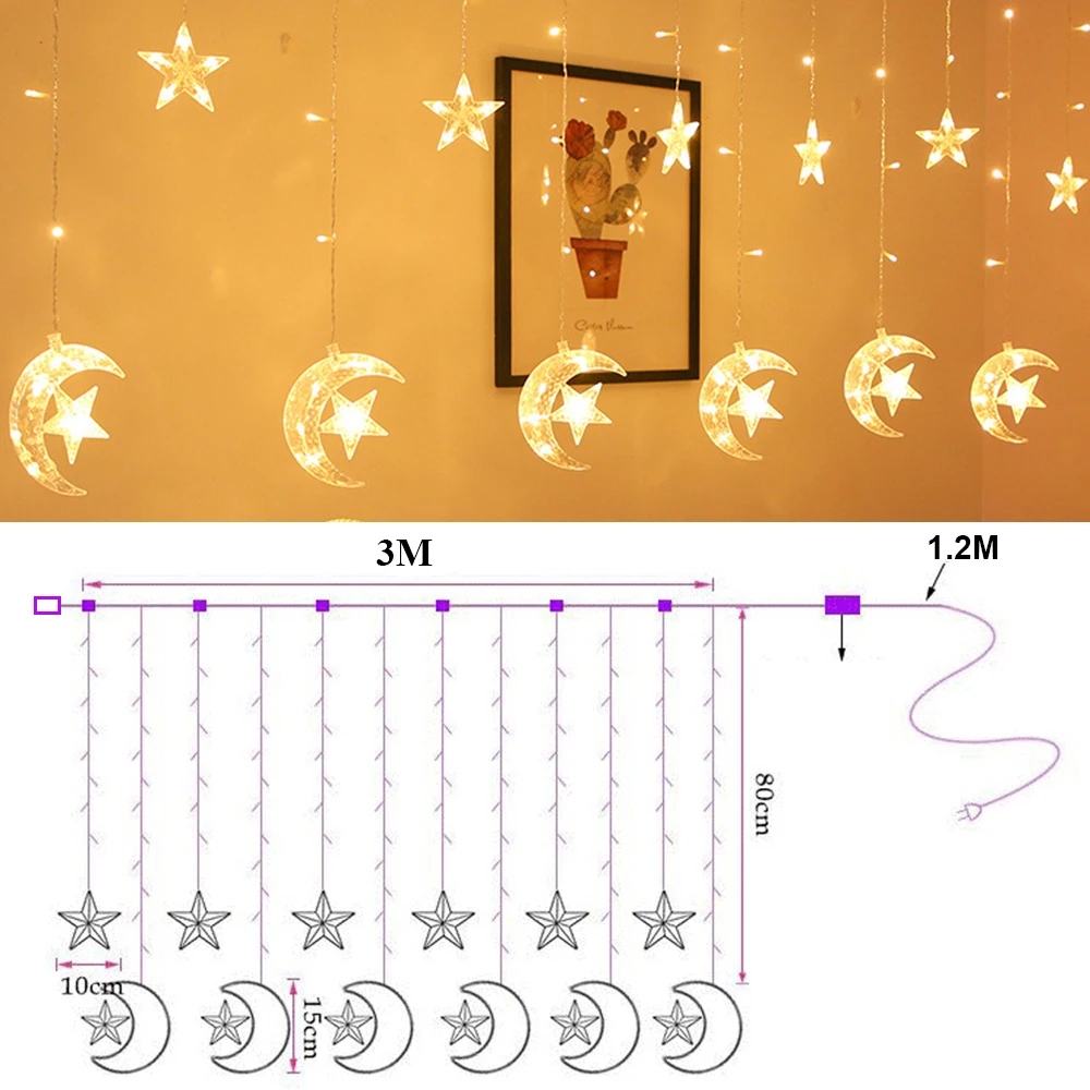 8 Lighting Modes Twinkle Star Moon LED Window Curtain String Lights Wedding Bedroom Decoration Ramadan Backdrop Christmas Lights