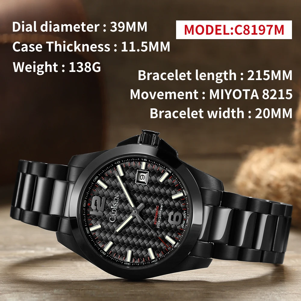 CADISEN Watches Mens Mechanical Automatic Luxury Brand 39mm Size Luminous MIYOTA 8215 Wristwatch 200M Waterproof Watch For Men