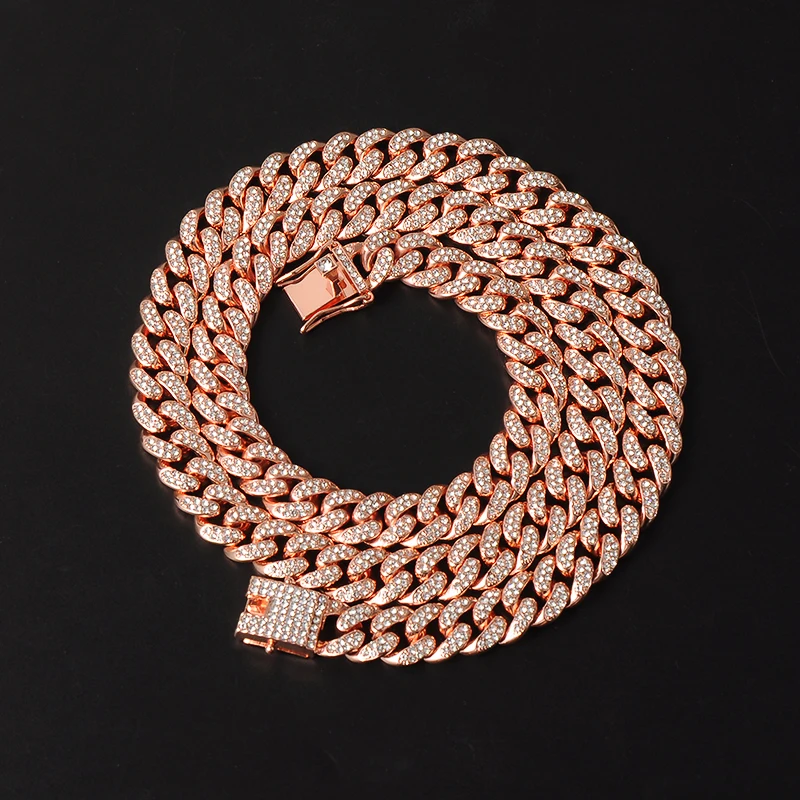 D&Z Hip Hop 13mm Rose Gold Color Cuban Link Chain For Men Iced Out Bling Rhinestone Chain Homme Fashion Jewelry