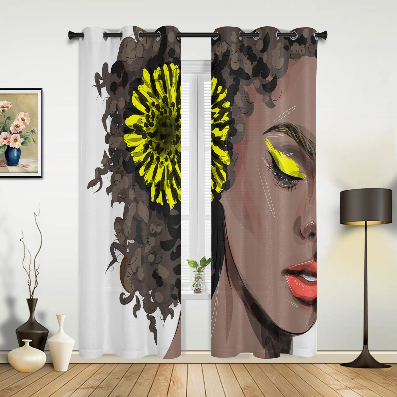 Black Girl Flower Doodle Large Curtains For Living Room Window Curtain Bedroom Kitchen Balcony Gazebo Curtain Room Divider