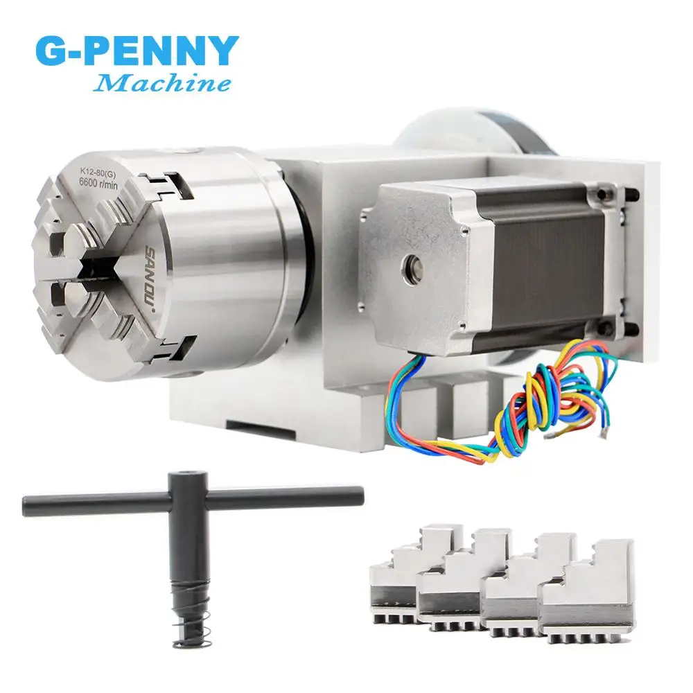 4 Jaw 80mm CNC 4th Axis Reduction ratio 6:1 CNC dividing head/Rotation A axis kit  Nema23 for woodworking engraving machine