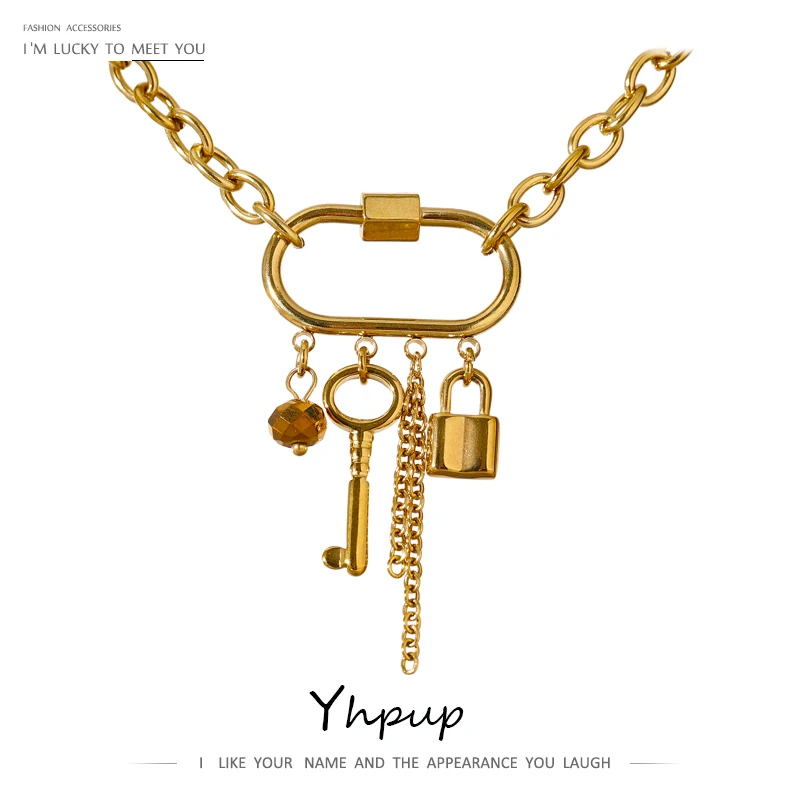 Yhpup Charm Metal Crystal Lock Key Pendant Necklace Stainless Steel Chain Choker Trendy Jewelry Collane Donna Statement Party