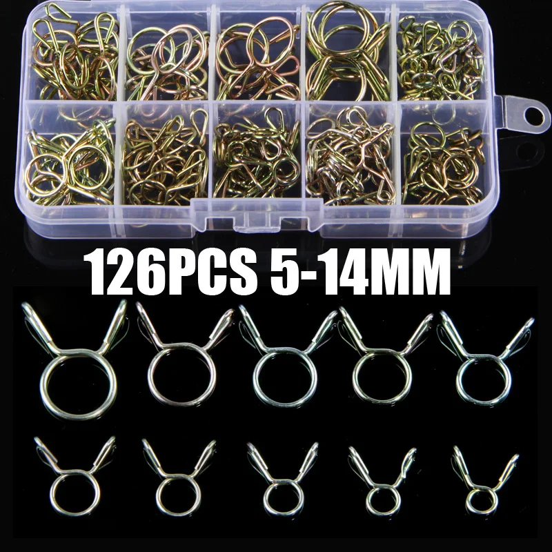 126Pcs 5mm-14mm Hose Clamp Zinc Plated Spring Clips Gear Hose Fuel Line Clamp for Boats Motorcycles