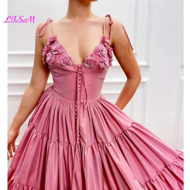 Robe de Soirée Longue en Satin à Fleurs 3D, Ligne A, Bretelles Spaghetti, Plis, Décolmétrage en V Profond, Tenue Éducative pour Femme