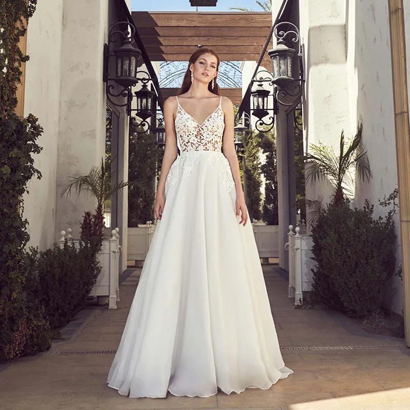 2021 nowe jasno suknia ślubna seksowna suknia ślubna z dekoltem w serek z wycięciem w pociągu Backless-line Beach Wedding Gwon Custiomize