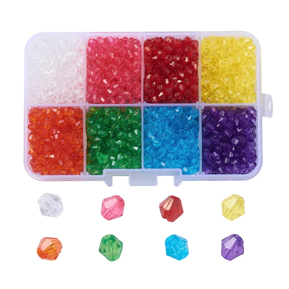 

2008pcs/box Transparent Acrylic Beads Bicone Faceted Mixed Color 4x4mm Hole 1.5mm