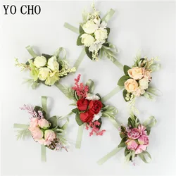 YO CHO Corsages Artificial Flower Wedding Boutonniere Silk Rose Man Brooch Pins Bridal Wrist Corsage Party Wedding Buttonhole