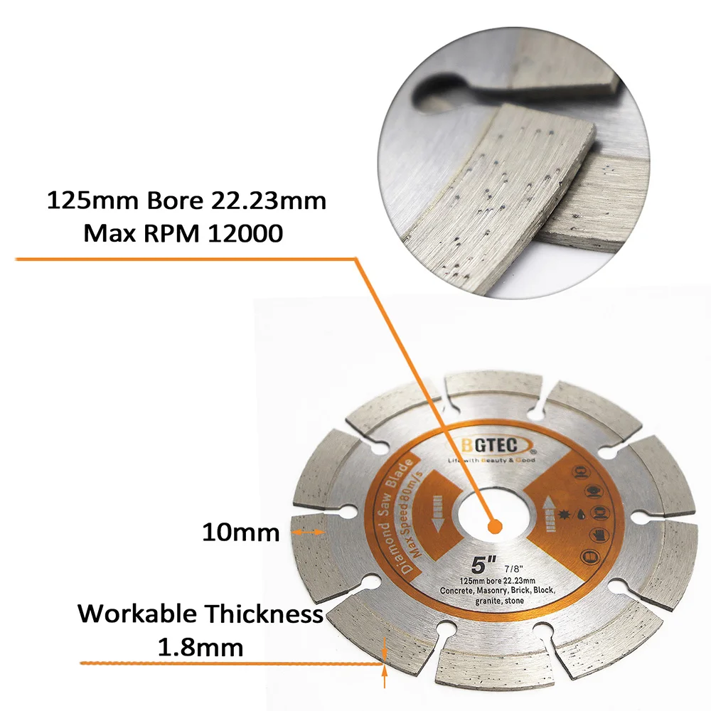 BGTEC 2 pezzi lame diamantate da 5 ''diamantate disco da taglio da 125mm per piastrelle in ceramica di pietra di materiale duro