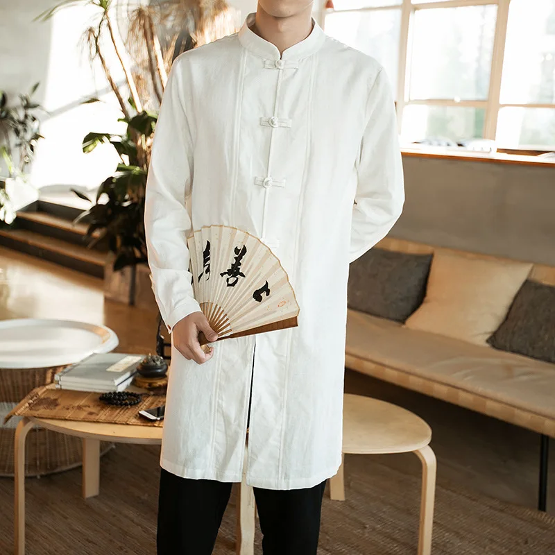 Traditional Chinese Clothing For Men Male Overcoat Outerwear Oriental Robe Trench Coat Men Cotton Linen Long Shirts Tops CN-120