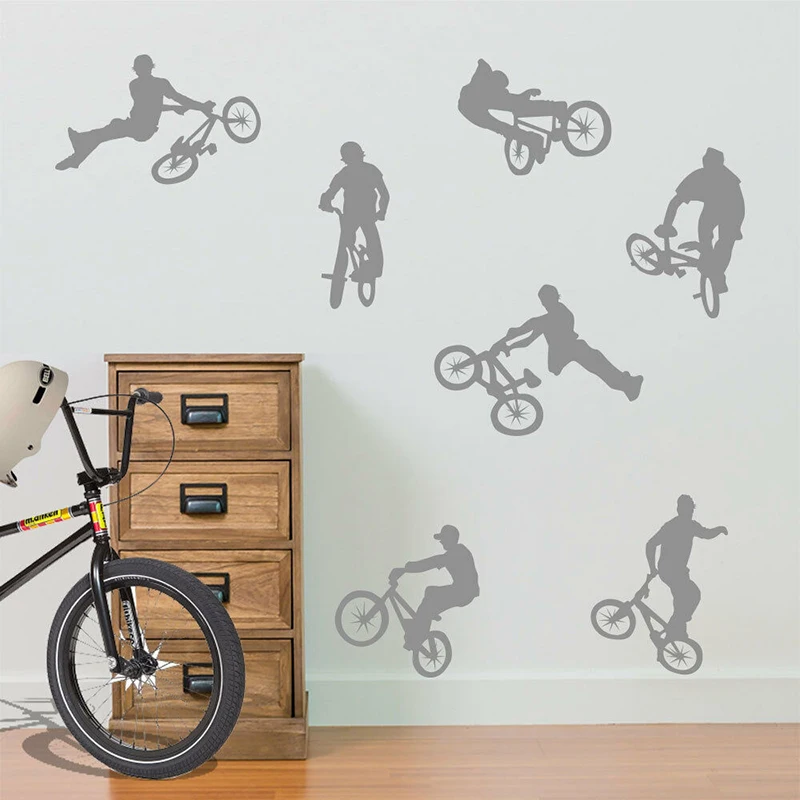 7Pcs Bmx Bikes Tricks Cycling Wall Sticker Playroom Kids Room Stunt Bicycle Wall Decal Bedroom Gameroom Decor