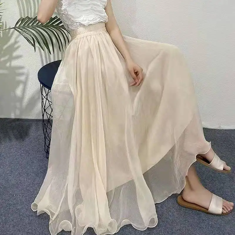 Womens Boho Style 2 Layer Chiffon Long Skirt Female Elegant High Waist Non-transparent Beach Maxi Skirts Saia Summer Sunproof