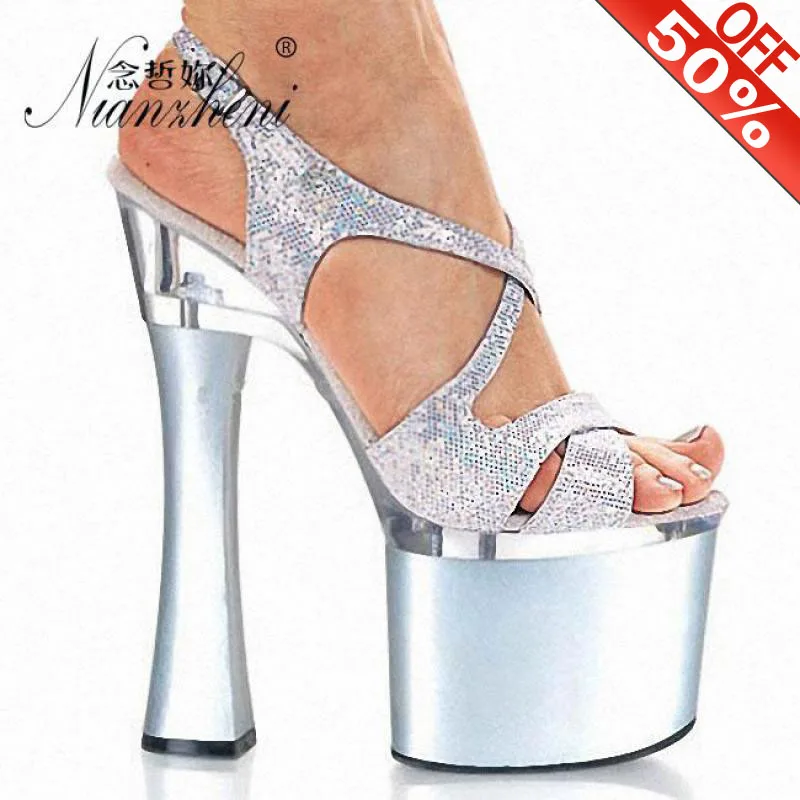 Silver bling Roman platform Buckle strap Womens sandals 18cm square heel  7 inches  High heeled Exotic Dancer bride wedding shoe